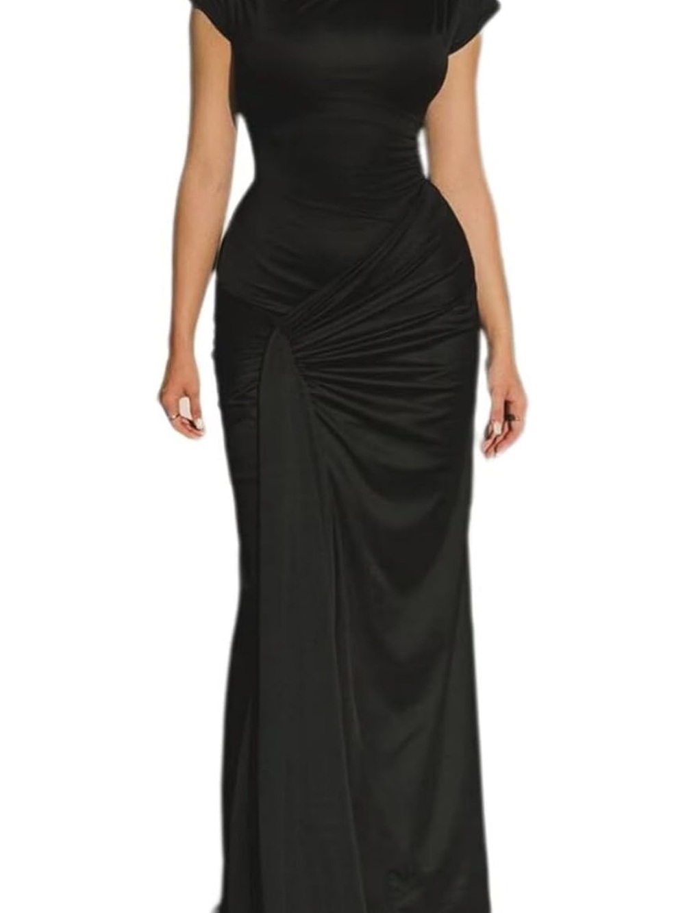 Elegant Black Ruched Evening Gown - Women Dresses
